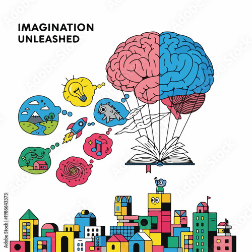 Colorful brain with thought bubbles rising over a cityscape