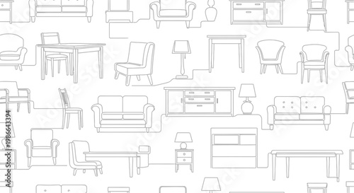 Seamless Pattern of Line Art Furniture: Sofas, Chairs, Tables, Lamps
