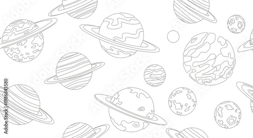 Seamless Space Pattern: Planets, Stars, and Cosmos - Outline Illustration