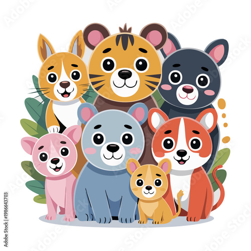 Colorful cartoon illustration of seven cute animals together