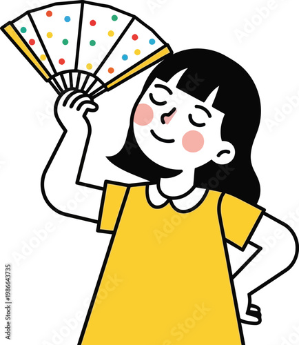 Girl Fanning Herself with Colorful Paper Fan, Summer Heat Relief, Joyful Expression