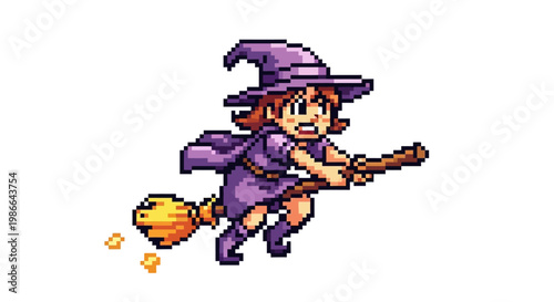 Pixel Art Witch Flying on Broomstick.