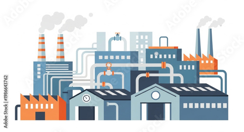 Modern industrial factory complex with smoking chimneys and pipelines.