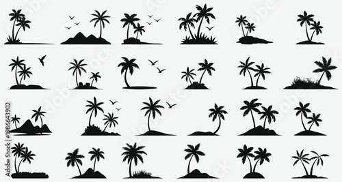 A collection of black silhouettes of palm trees on small islands isolated on white background, Vector