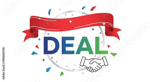 Colorful deal with red ribbon, handshake, and confetti