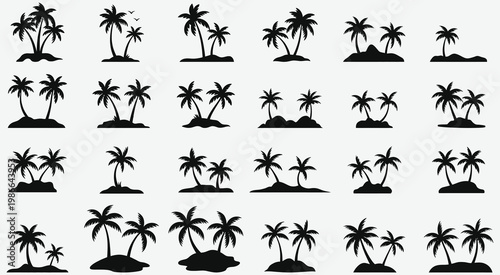A collection of black silhouettes of palm trees on small islands isolated on white background, Vector