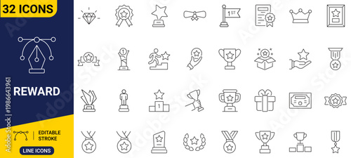 Collection of reward and achievement icons representing success, victory, and recognition in various forms including trophies, medals, and awards for outstanding performance and accomplishments