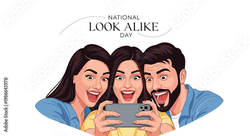 For National Look Alike Day, a vector illustration displays three cheerful people with matching faces taking a selfie together, depicted in a cartoon style against a clean white background