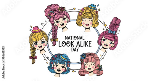 A vector illustration commemorates National Look Alike Day, showcasing cartoon faces with varying hairstyles and colors arranged in a circle, celebrating the funny look alike concept