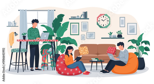 Young people relaxing and reading in a modern living room.