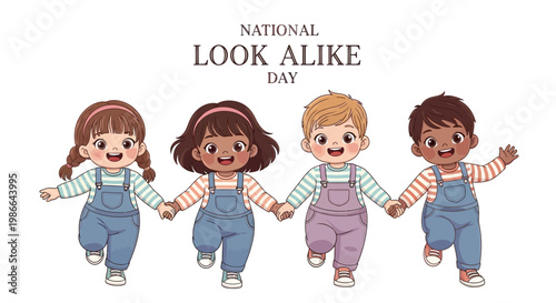 For National Look Alike Day, a vector illustration shows four smiling children holding hands and running together against a white background, designed with cartoonish style and bright