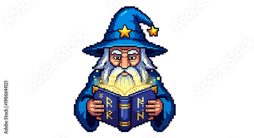 Pixel Art Wizard Reading Magical Spell Book.