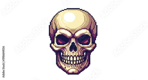 Pixel Art Human Skull With Dark Red Eyes.