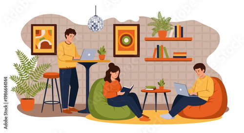 Young people studying and working in a cozy lounge area.