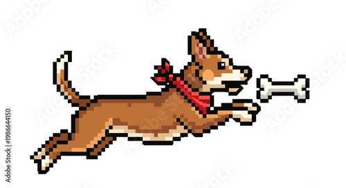 Pixel Art Dog Chasing a Bone with Red Bandana.