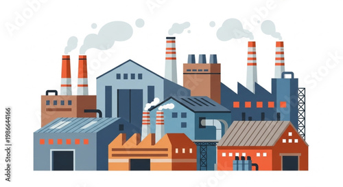 Industrial factory complex with smoking chimneys and buildings.