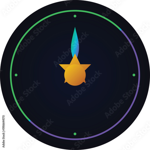 A stylized golden star and blue flame within a circular compass-like design on a dark background.