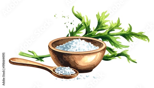 A copper bowl and spoon filled with salt and herbs