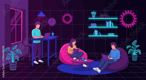 Young people relaxing and working in a modern neon-lit room.