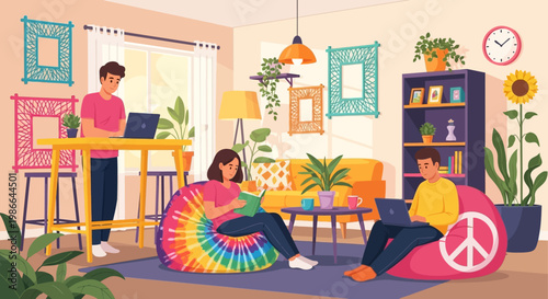Young people working and relaxing in a colorful living room.