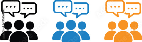 People communication icon set, multicolor speech bubble icons illustrating teamwork discussion social interaction customer support and community communication for UI and branding use.
