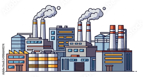Industrial factory complex with smoking chimneys and silos.