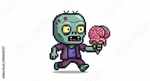Pixel Art Zombie Character Holding Brain Ice Cream Cone.