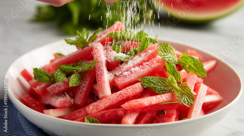 Hand sprinkles salt on fresh watermelon mint salad.