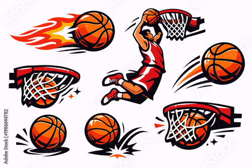 A dynamic collection of basketball illustrations featuring a player dunking, flaming balls, and hoops with motion effects.