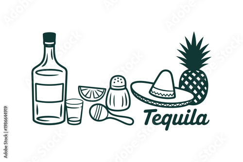 Tequila set with bottle shot glass lime sombrero and maracas.