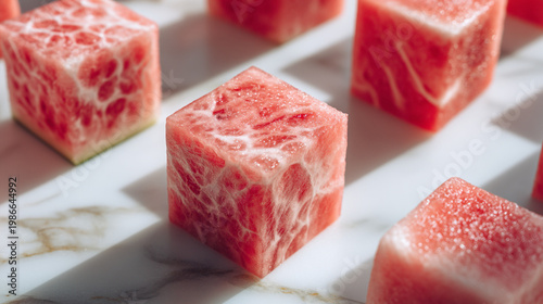 Perfectly cut watermelon cubes on white marble.