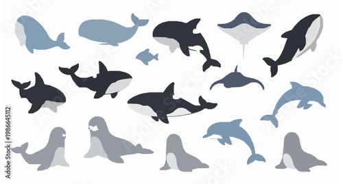 Cartoon ocean mammals vector collection whales orcas stingrays and sea animals isolated on white