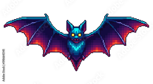 Pixel Art Bat with Glowing Eyes and Wings.