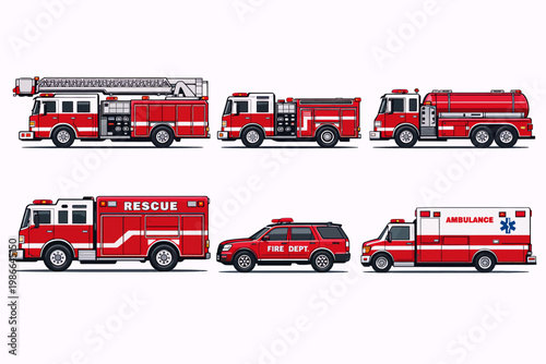 A collection of six red and white emergency vehicles including various fire trucks, a rescue vehicle, a fire department SUV, and an ambulance, depicted in a clean vector style.