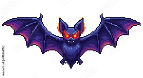 Pixel Art Bat with Glowing Red Eyes and Purple Wings.