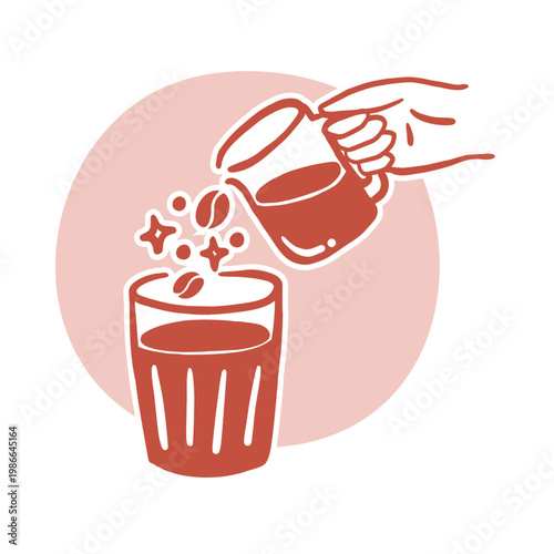 Flat line art, monochromatic cartoon illustration with bold outlines. Hand Pouring Coffee from Pitcher into Glass with Coffee Beans Sparkle Vector Illustration on White Background