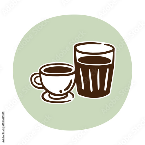 Flat monochromatic line art, cartoon illustration with bold dark maroon outlines. Coffee Cup with Saucer and Tall Ribbed Glass Duo Vector Illustration on Green Circle Background