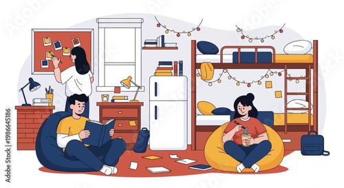 Students relaxing in a dorm room setting.