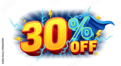 Discount sign with 30 percent off, blue lightning bolts and cape sale promotion blue cape