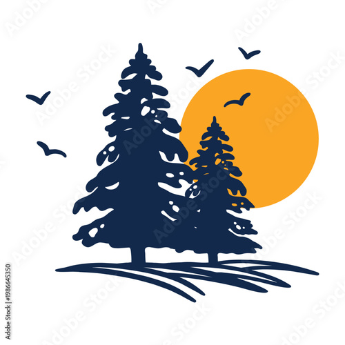 Flat silhouette, retro vintage illustration with bold navy blue fills. Pine Tree Silhouette with Golden Sun and Flying Birds Nature Landscape Vector Illustration on White Background