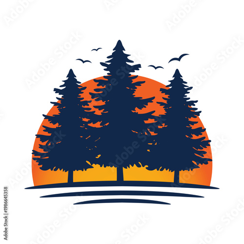 Flat retro silhouette illustration with bold navy blue tree fills, vibrant orange-yellow gradiePine Tree Forest Silhouette with Orange Sunset Half Sun and Birds Vector Illustration on White Background