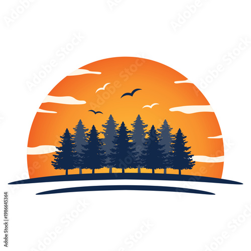Semi-realistic flat illustration with bold color fills, layered depth through tree color variation. Pine Forest Treeline Silhouette Against Orange Sunset Half Circle with Clouds and Birds Vector