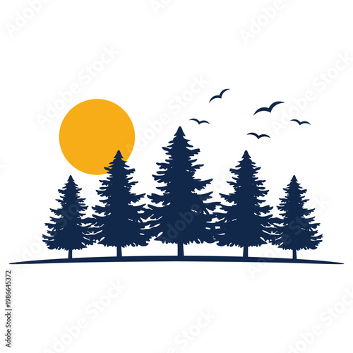 Flat two-color silhouette illustration with bold navy blue fills and a solid golden sun. Navy Pine Forest Treeline Silhouette with Golden Sun and Flying Birds Landscape Vector on White Background