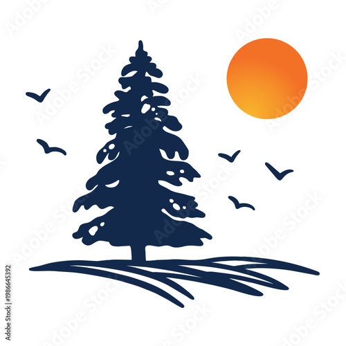 Flat two-color silhouette illustration bold navy blue tree and birds with a vibrant gradient sun. Single Pine Tree Navy Silhouette with Orange Gradient Sun and Birds Nature Vector on White Background