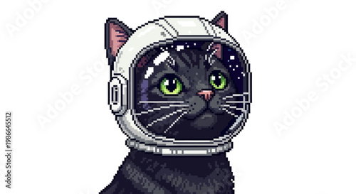 Pixel Art Black Cat Astronaut Helmet Space Exploration.