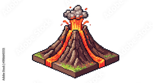 Pixel Art Isometric Volcano Erupting Lava Flow.