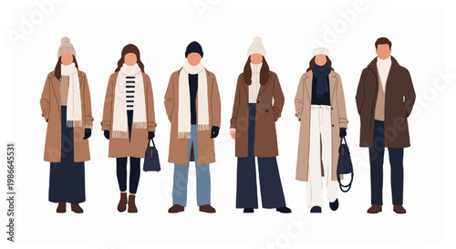 Six diverse illustrated characters wearing autumn and winter coats with scarves and hats standing in a single row against a white background.