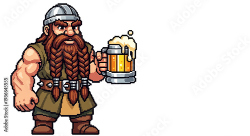Pixel Art Dwarf Holding a Frothy Beer Mug.