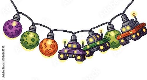 Whimsical String Lights Featuring Planets and UFOs.