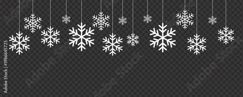 Hanging snowflakes border on transparent background. winter holiday decoration. Minimalist Christmas snow ornament collection. Vector Illustration